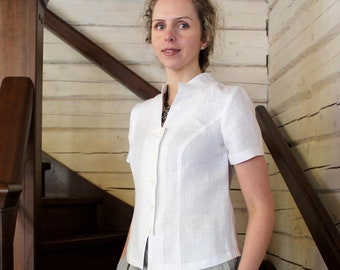 Short Sleeve Blouse, White Linen Shirt, Stand Up Collar Top, Office Linen in Various Colors