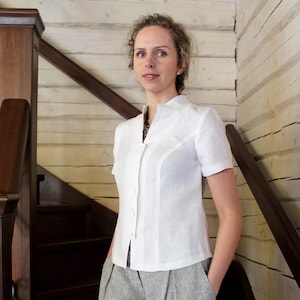 Chemisier à manches courtes, chemise en lin blanche, haut à col montant, linge de bureau en différentes couleurs