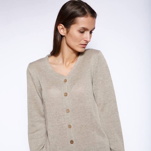 Minimalist Natural Linen Cardigan, 100 % Pure Ring Spun Linen Sweater, Knit Open Fron Jacket, Elegant Linen Top, Various Colors Available