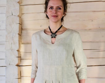 Natural Linen Dress, Pleated Dress, 3-4 Sleeve Dress, Comfy Dress, Linen Tunic Top, Eco Friendly Dress, Knee Dress, Split Neck Dress