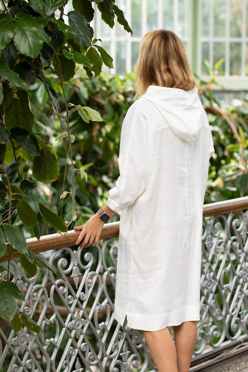 White Linen Tunic, Hooded Top, Casual Linen Top, Pure Linen Tunic, Travel Apparel