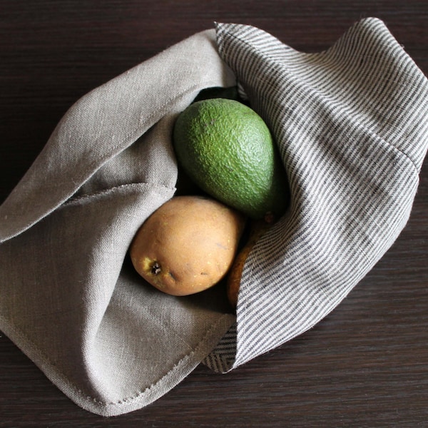 Ready to Ship - Natural Handmade Bento Bags, Set of 3 Linen Grocery Bags, Reusable Kitchen Linens, Ecofriendly Shopping Pouch |