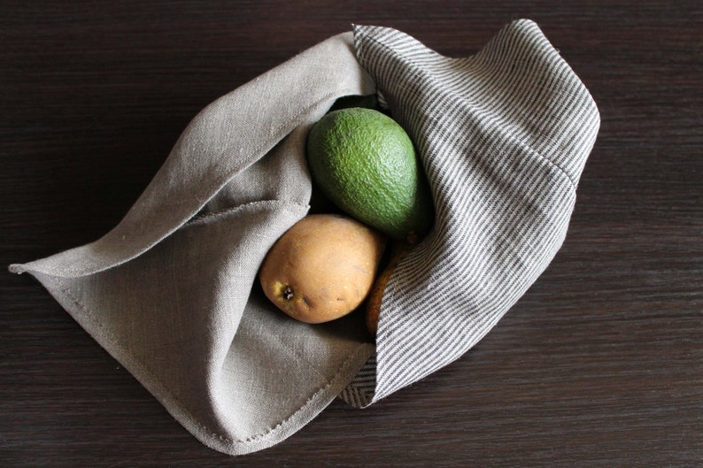 Natural Handmade Polka Dot Bento Bags, Set of 3 Linen Grocery Bags, Reusable Kitchen Linens, Ecofriendly Shopping Pouch image 3