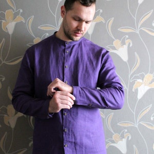 Handmade Linen Mens Shirt, Band Collar, Slim Cut, Long Sleeve Shirt, Button Down Shirt for Men, Gift for Him, Baltic Linen, Various Colors
