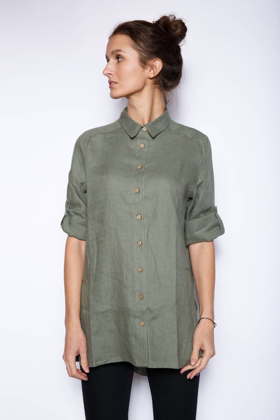 トップス Let LOOSE THOUGHTFUL LINEN SHIRT Long Linen Shirt, Rolled up Sleeve Top, Loose Cut Top