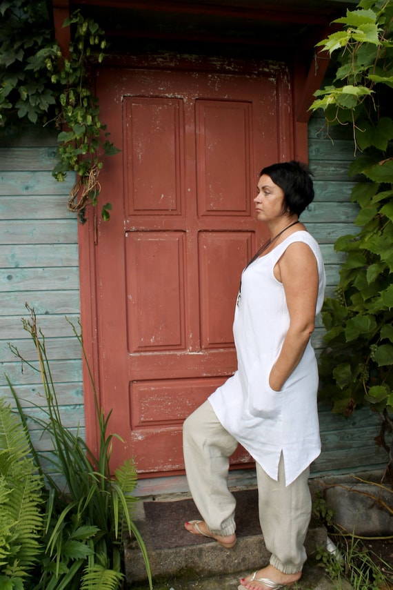 White Linen Tunic, Sleeveless Tunic, Casual Linen Top, Above Knee Top, Pure  Linen Tunic, Travel Apparel, Washed Linen, Summer Top 