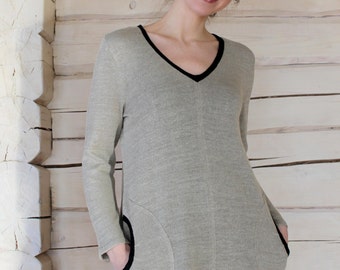 Natural Linen Cotton Tunic With Pockets, Long Linen Jersey Top, Knitted Tunic Dress, V Neck Top, Various Colors