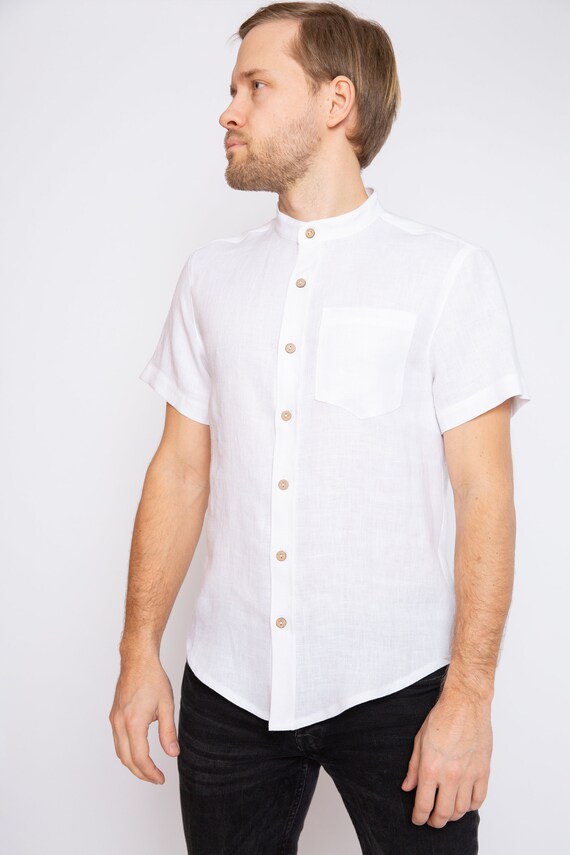 Camisa de lino blanco camisa de hombre de manga corta camisa | Etsy España