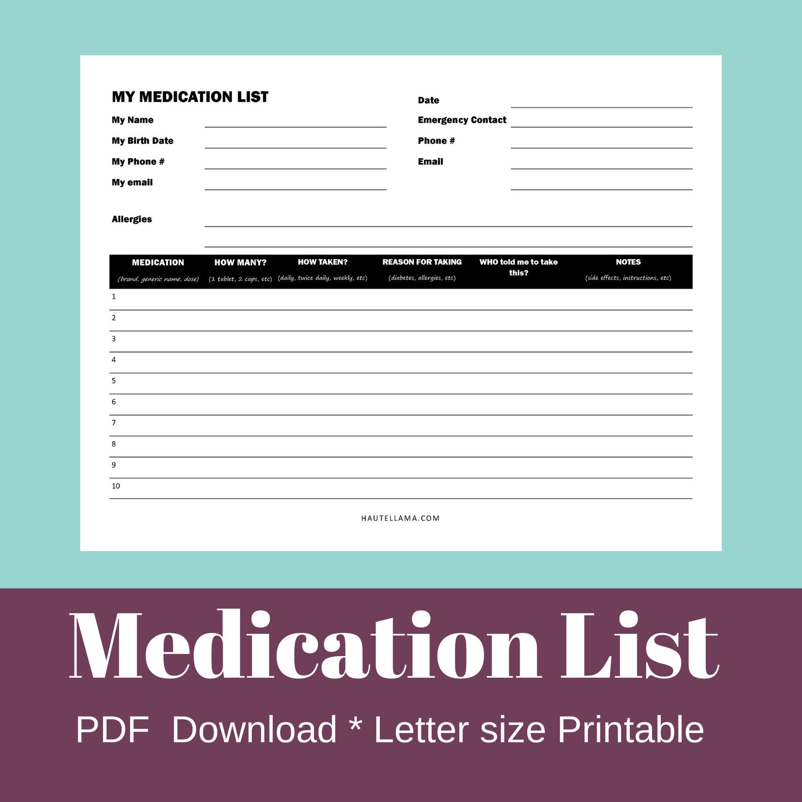 Medication List Printable Great for Seniors and Caregivers Etsy