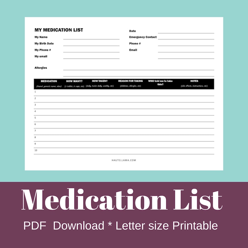 Medication List Printable Great for Seniors and Caregivers Etsy