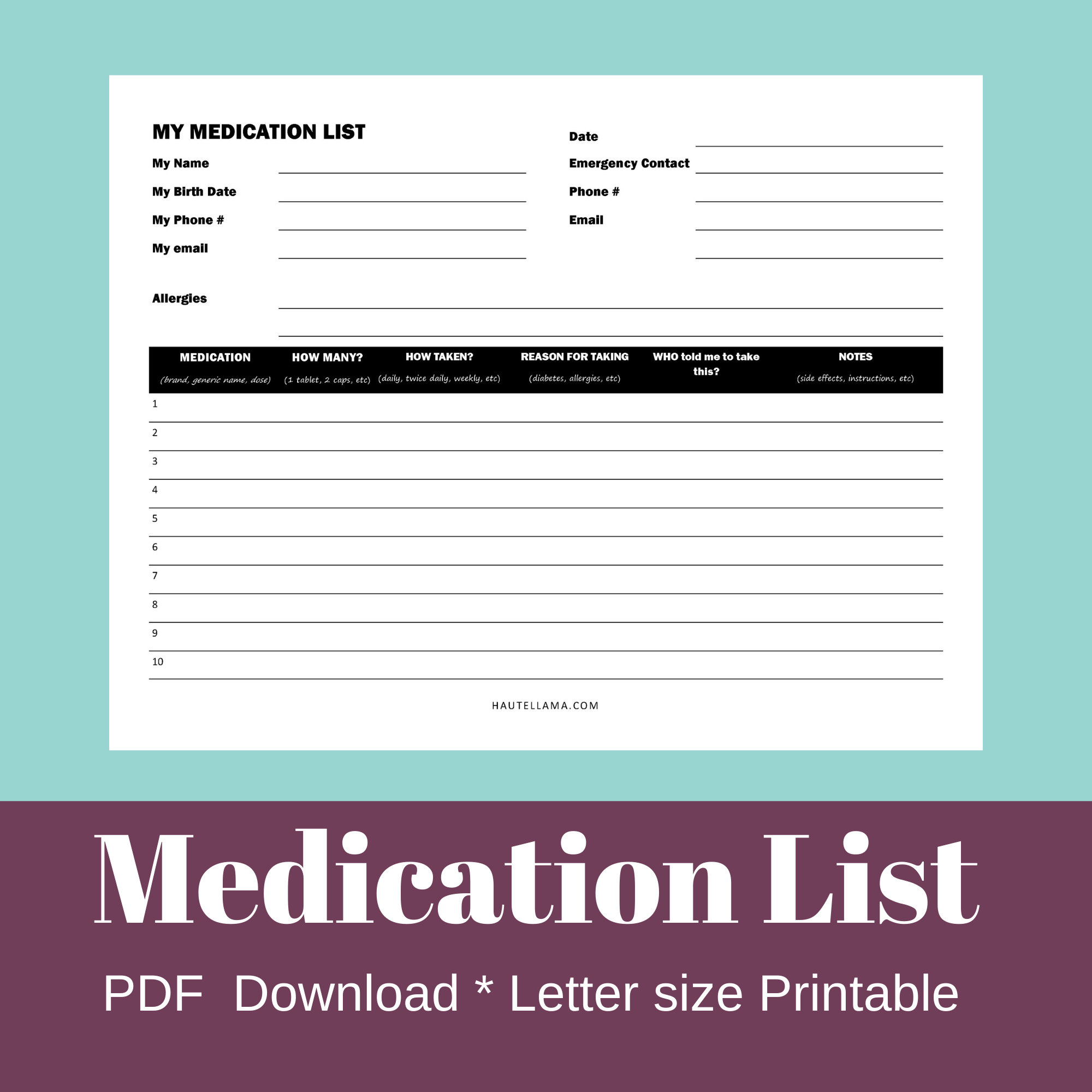 Medication List Printable Great for Seniors and Caregivers Etsy