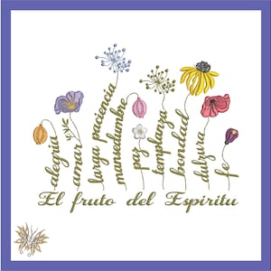 Diseño de bordado a máquina de versículos bíblicos con flores silvestres y tallos de texto en español, Gálatas 6:22-23 Escritura en 3 tamaños DESCARGA INSTANTÁNEA