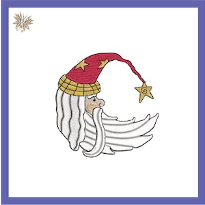 May include: Embroidered design of a red and white wizard with a long white beard and a star on his hat. The wizard is shaped like a crescent moon.