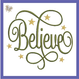 May include: Green cursive script spelling "Believe" with gold stars surrounding the word.