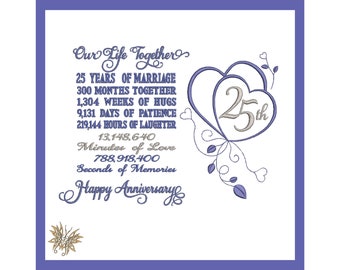 25th Anniversary Machine Embroidery Design for DIY Gift to frame for Mom, Parent, or Spouse.  3 sizes, 8 formats  INSTANT DOWNLOAD