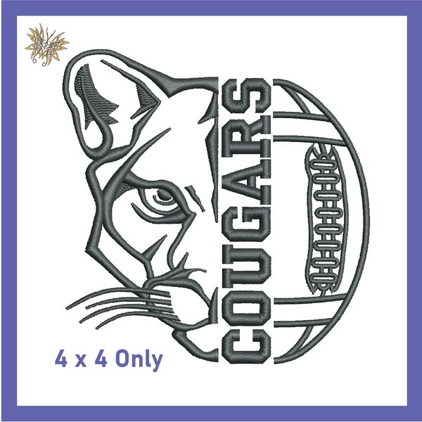 Cougars Football Machine Embroidery Design File. Stitches with minimal trims, available in 4x4 hoop size only and 8 formats. Download now