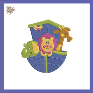 May include: Embroidered design of a blue boat with a yellow elephant, pink lion, and brown giraffe. The animals are all smiling and have friendly faces.