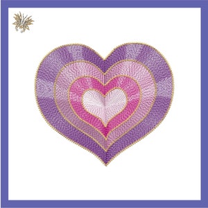 May include: A purple, pink, and white heart with gold outlines. The heart is made of stitched lines and has a layered effect.