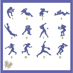 Puede incluir: Una hoja de papel con 12 siluetas diferentes de jugadoras de softbol femeninas en varias poses. Cada silueta está numerada del 1 al 12.