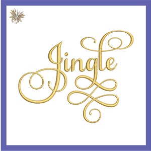 Puede incluir: Letras doradas en cursiva que dicen "Jingle" con remolinos decorativos.
