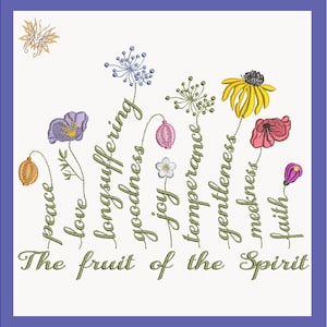 May include: Embroidered artwork featuring colorful flowers and the words "peace, love, longsuffering, goodness, joy, temperance, gentleness, meekness, faith." The phrase "The fruit of the Spirit" is also included. The artwork is framed in a purple border.