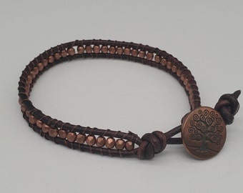 Leather-Wrap Bracelet: 3mm faceted copper Czech glass beads with antique brown leather