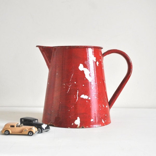 Lovely Big Vintage Red Enamel Jug or Pitcher  Farmhouse Cottage Chic Country kitchen READY to Ship