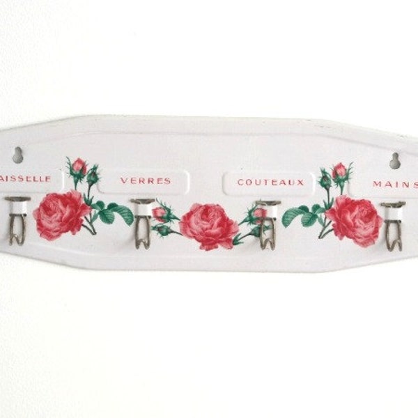 Lovely Vintage French kitchen Enameled wall hanger towel rack Shabby Chic Farmhouse White Pink Red