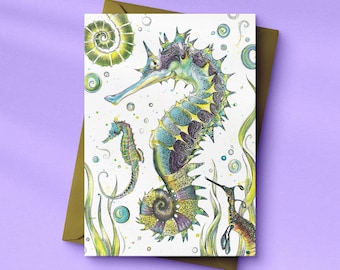 Magical Seahorse Art Card, 120mm x 170mm, recycled envelope