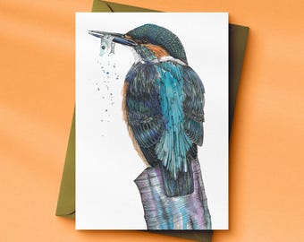 Kingfisher Bird Art Card, Detailed Wildlife Illustration, 120mm x 170mm (Recycled Envelope)