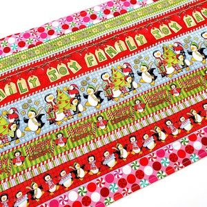 May include: A fabric runner featuring horizontal bands of Christmas-themed patterns. Designs include red and white peppermint candies, rows of penguins wearing scarves and sweaters, decorated Christmas trees, and the text "FAMILY JOY" and "HAPPY CHRISTMAS".