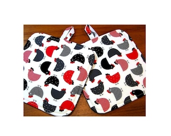 Chicken Pot Holders: black and red farm house decor triple layer hot pads, modern country kitchen potholders, gray and black hens oven pads