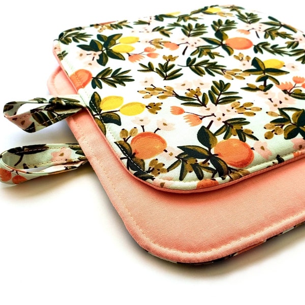 Primavera Citrus Pot Holders: Rifle Paper Co oranges & lemons fabric hot pads, botanical kitchen décor, triple layer insulated potholders