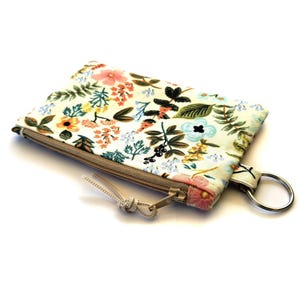 Rifle Paper Co Coin Purse: Amalfi Herb Garden floral fabric ear buds pouch with keyring, minimalist wallet, botanical credit card holder