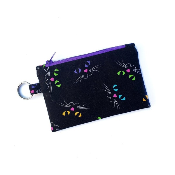 Cat Face Coin Purse: colorful cat eyes on black mini wallet with key ring, Halloween small zip bag, earbuds pouch, ID holder, gift for her