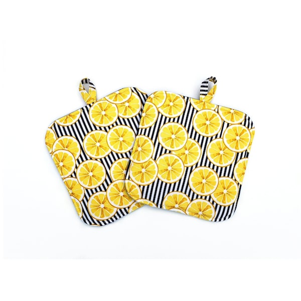 Lemon Pot Holders: tossed lemon slices hot pads with blue and white stripes, yellow and blue kitchen décor, set of 2 citrus fruit potholders