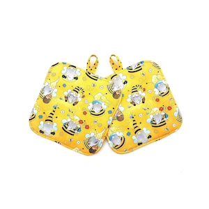Gnome Bees Pot Holders: beekeeper garden gnomes hot pads with orange & white flowers, black polkadots on yellow hanging oven pads, set of 2