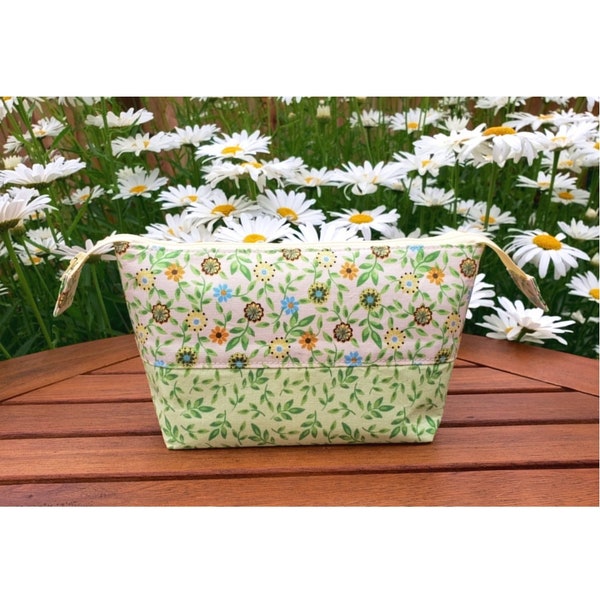 Floral Cosmetic Bag: open wide zipper small knitting project bag with spring flowers, lightweight stand alone bag for EPP or crochet storage