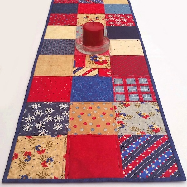 Patriotic Americana Table Runner: 4th of July red white blue & tan quilted patchwork coffee table or buffet runner, modern country decor