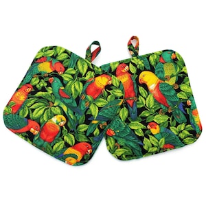 May include: A pair of green, black, red, and yellow pot holders with a parrot print.