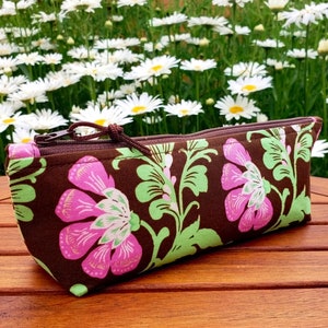 Floral Long Zipper Pouch: mint green, pink & brown zippered wedge bag with Jasmine fabric for cosmetic brushes, crochet hooks, pens, pencils