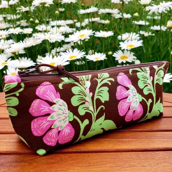 Floral Pencil Case/Cosmetic Bag: mint green, pink and brown zippered wedge bag with Amy Butler Sweet Jasmine fabric, makeup brush zip bag