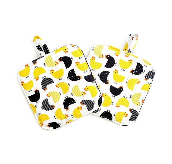 Chicken Pot Holders: yellow and black country kitchen potholders, triple layer hen hot pads, modern farm house decor, hostess gift, set of 2