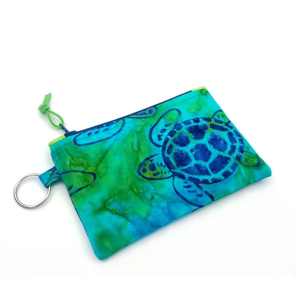 Batik Turtles Coin Purse: small zippered pouch with dark blue sea honu on teal green, tropical zip bag with key ring, summer mini wallet