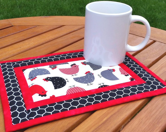 Chicken Mug Rugs Red Black & White Farmhouse Decor Mug Rugs Etsy
