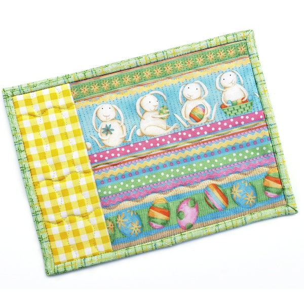 Easter Mug Rug/Candlemat: quilted snack mat with colorful Easter eggs and white bunnies, yellow, green and blue spring decor mini quilt