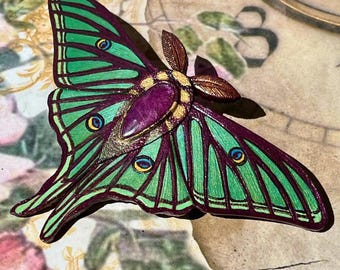 Horquilla para el cabello de piel repujada estilo Luna española con rubí