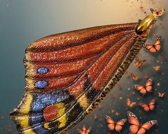 Hand Tooled Leather Butterfly Wing Pendant: Peacock Eye Bag Accessory