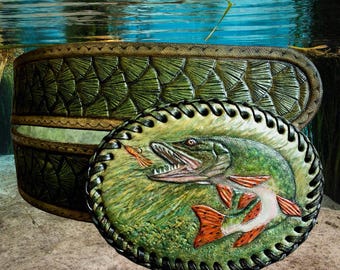 Hand Tooled Leather Belt with Pike Fish Buckle