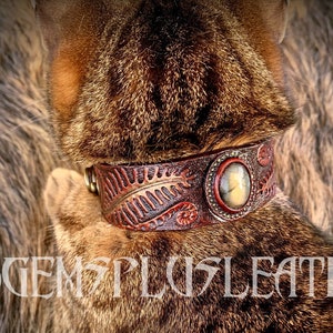 Hand tooled leather dog collar with labradorite and red fern Stylish artisan pet accessories by Gemsplusleather image 7